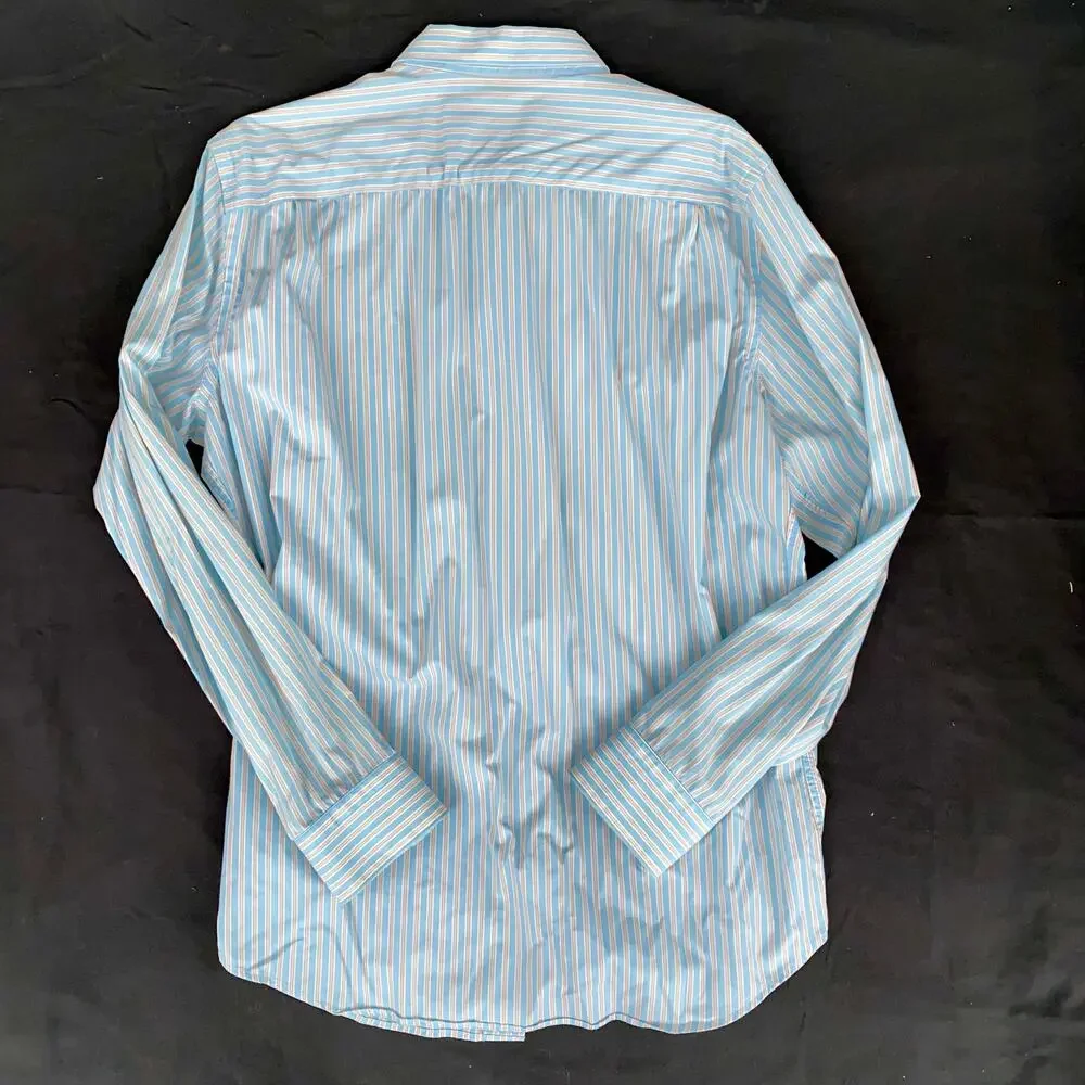 Banana Republic Fitted L 16-16 1/2 Aqua Blue,Tan & White Stripe Cotton Shirt